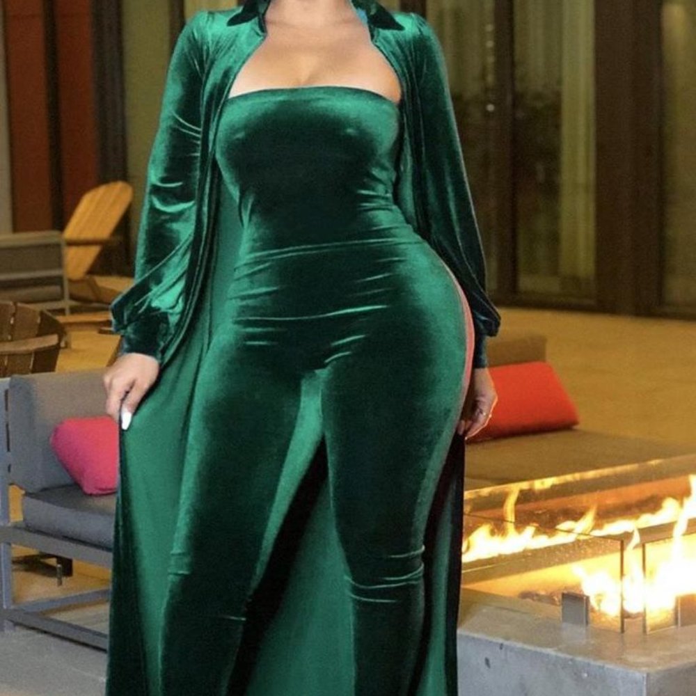 'Tis the Two-Piece Season: NEW Solid Velvet Strapless Jumpsuit with Coat!